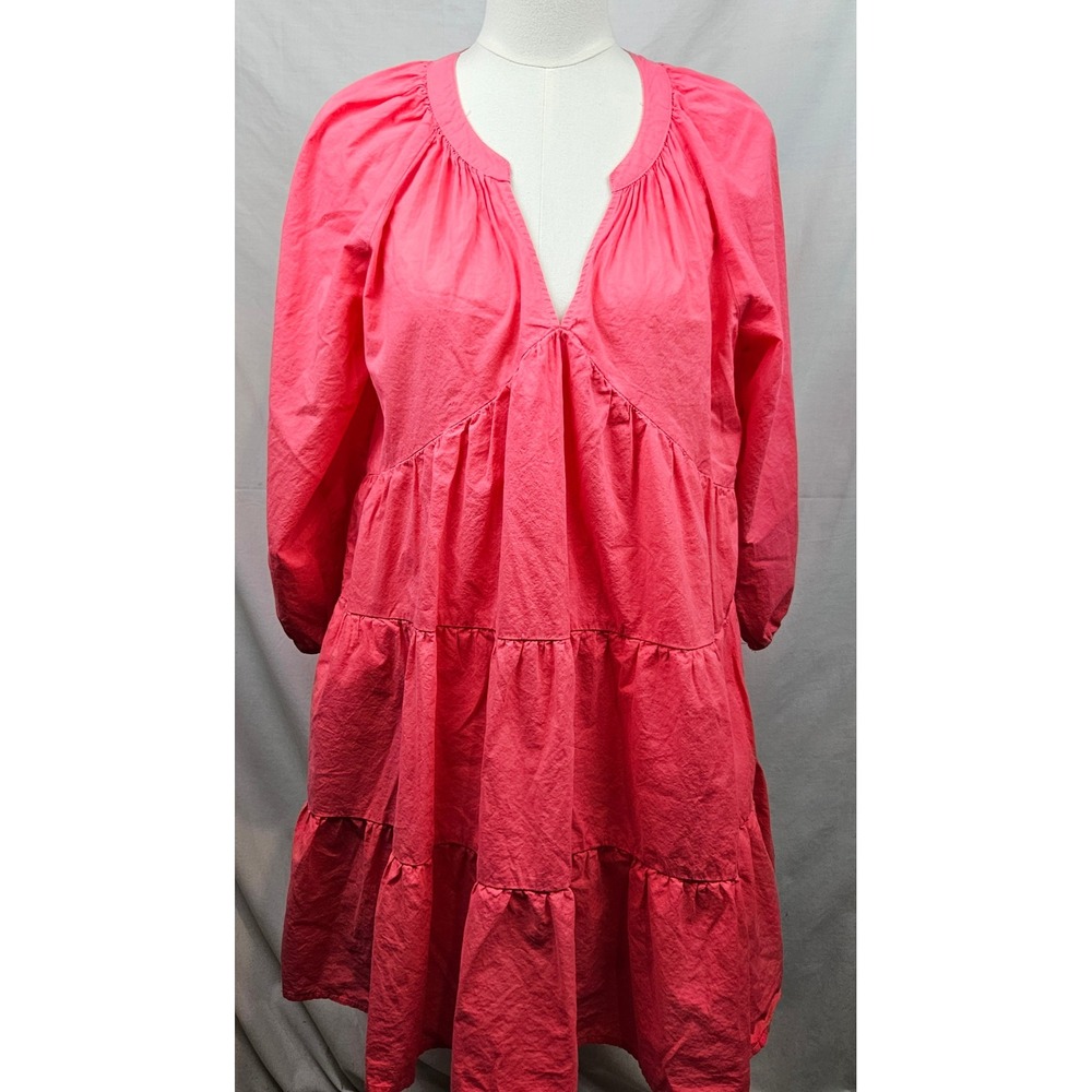 DKNY Jeans Pink Tiered‎ V Neck Cotton Gauze Dress L Resort Summer Vacation  Boho